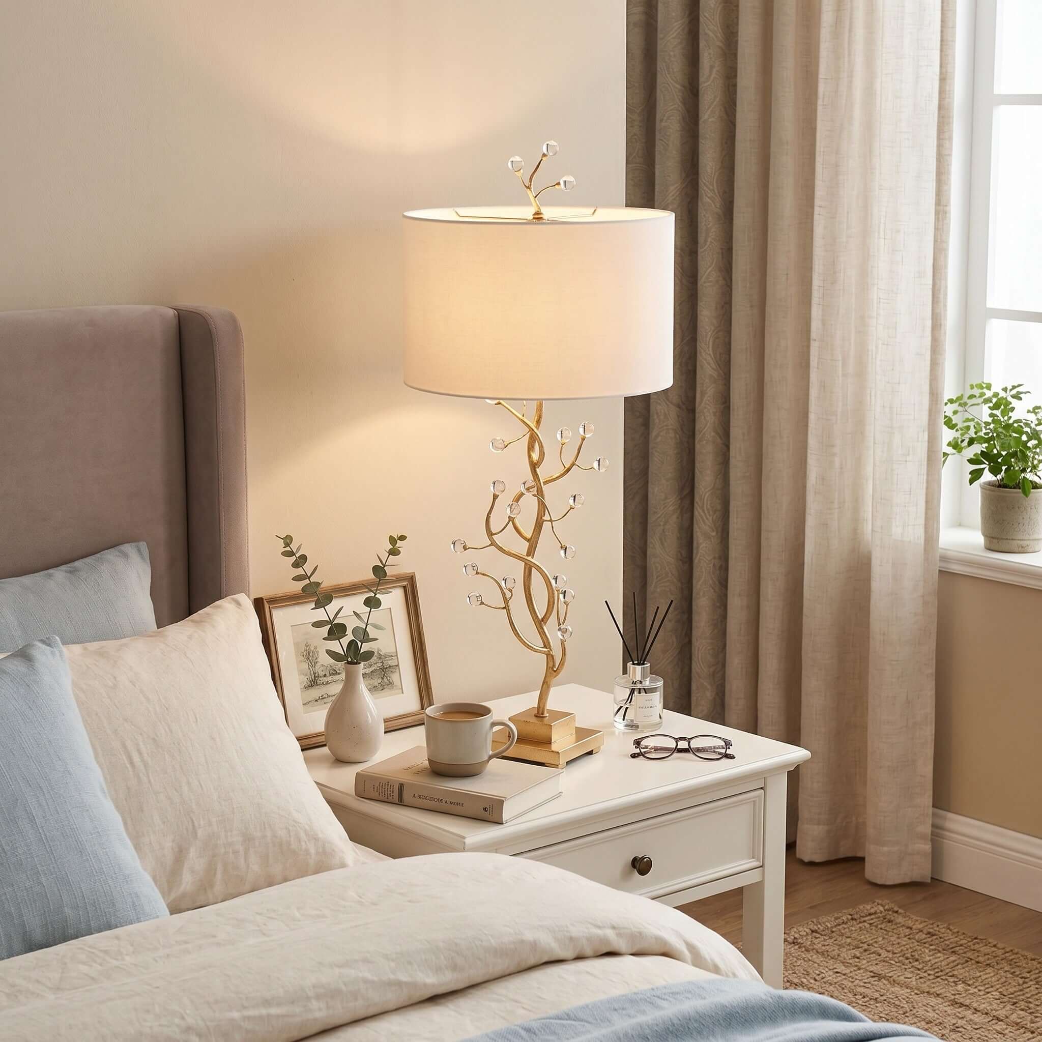 Arlowe Table Lamp - Gold Branch Base with Drum Shade | Rossolighting