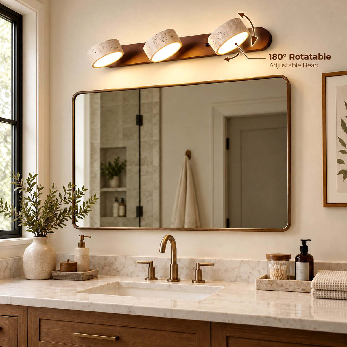 Avenor three-light travertine vanity light in a walnut finish above an arched bathroom mirror and dark wood vanity.