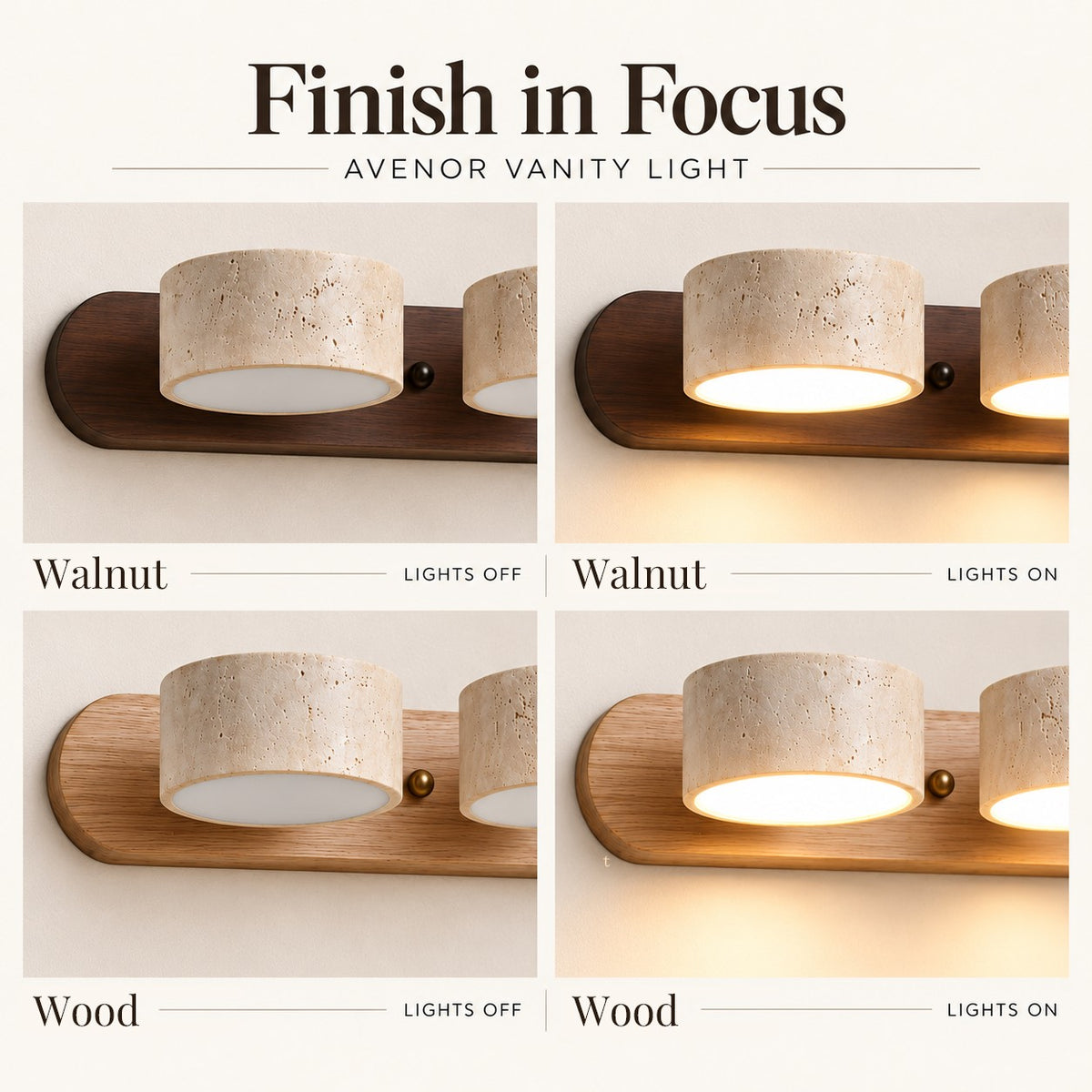 Avenor vanity lights in Walnut and Wood finishes: 2-light, 12.6 inches long; 3-light, 20.1 inches; 4-light, 27.6 inches. All are 2.4 inches high.