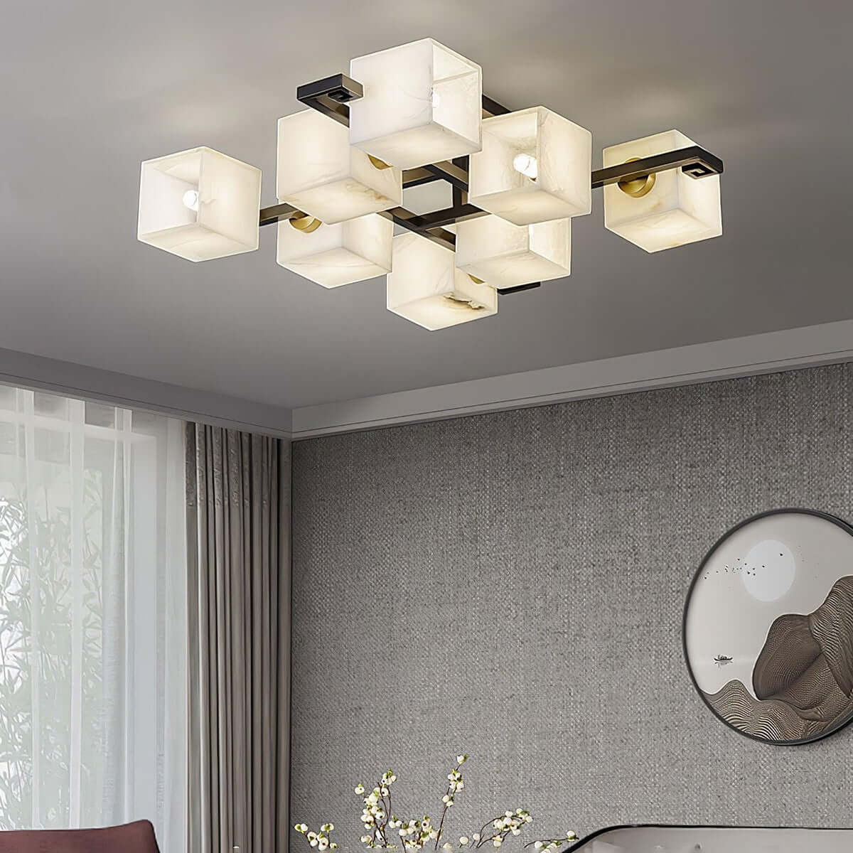 Veyron Ceiling Light | Alabaster Semi Flush & Brass Ceiling Light