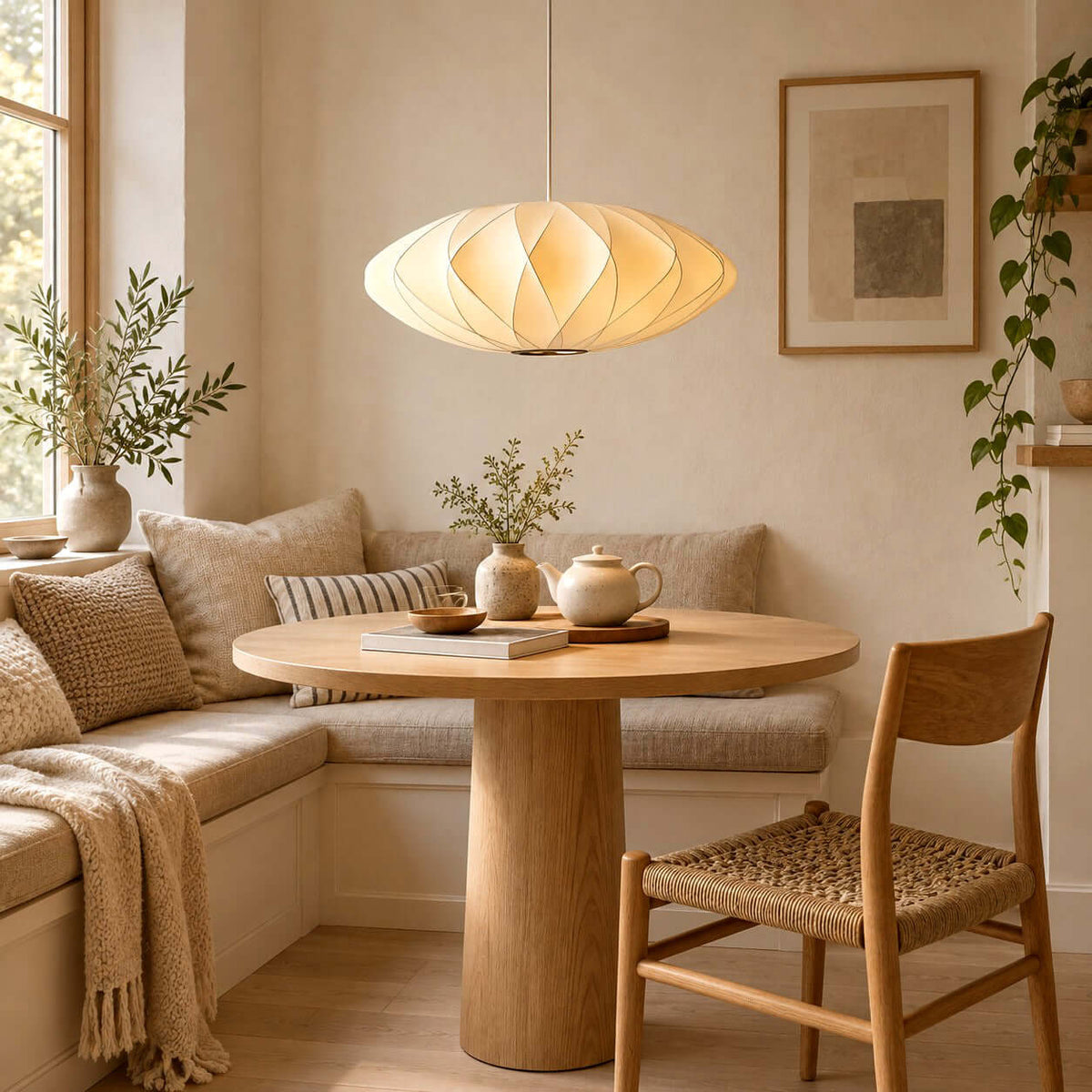 Corvya silk pendant light above a round wood table in a cozy dining nook with cushioned corner seating.