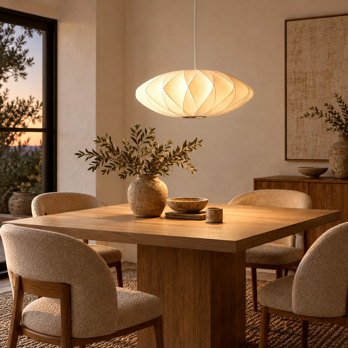 Corvya pendant light casting a warm glow over a rectangular wood dining table with upholstered chairs at dusk.