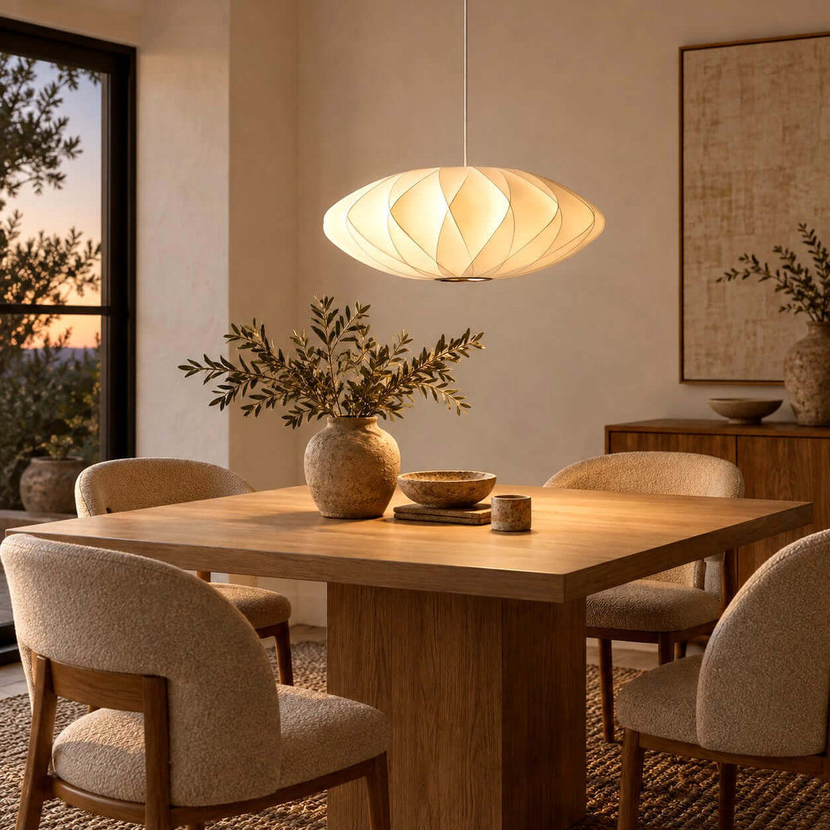 Corvya pendant light casting a warm glow over a rectangular wood dining table with upholstered chairs at dusk.