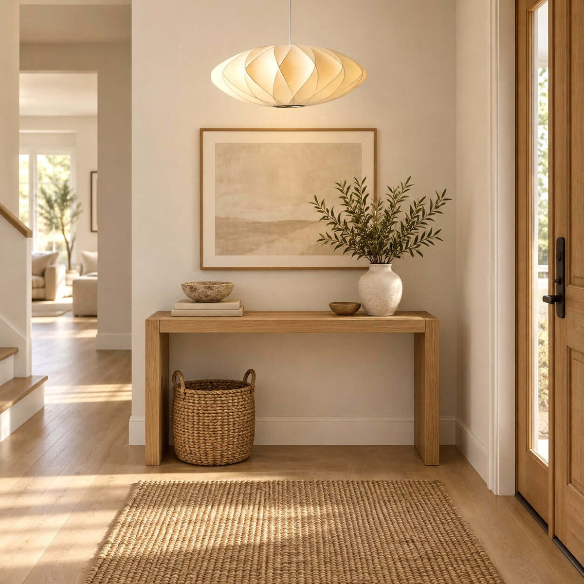 Corvya white silk pendant light in an entryway with a wood console table, framed artwork, and a woven rug.