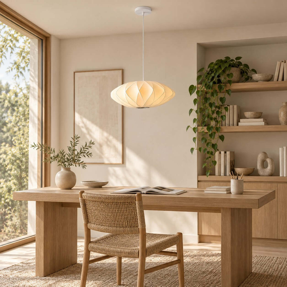 Corvya white silk pendant light above a wood desk in a sunlit home office with open shelving and a woven chair.