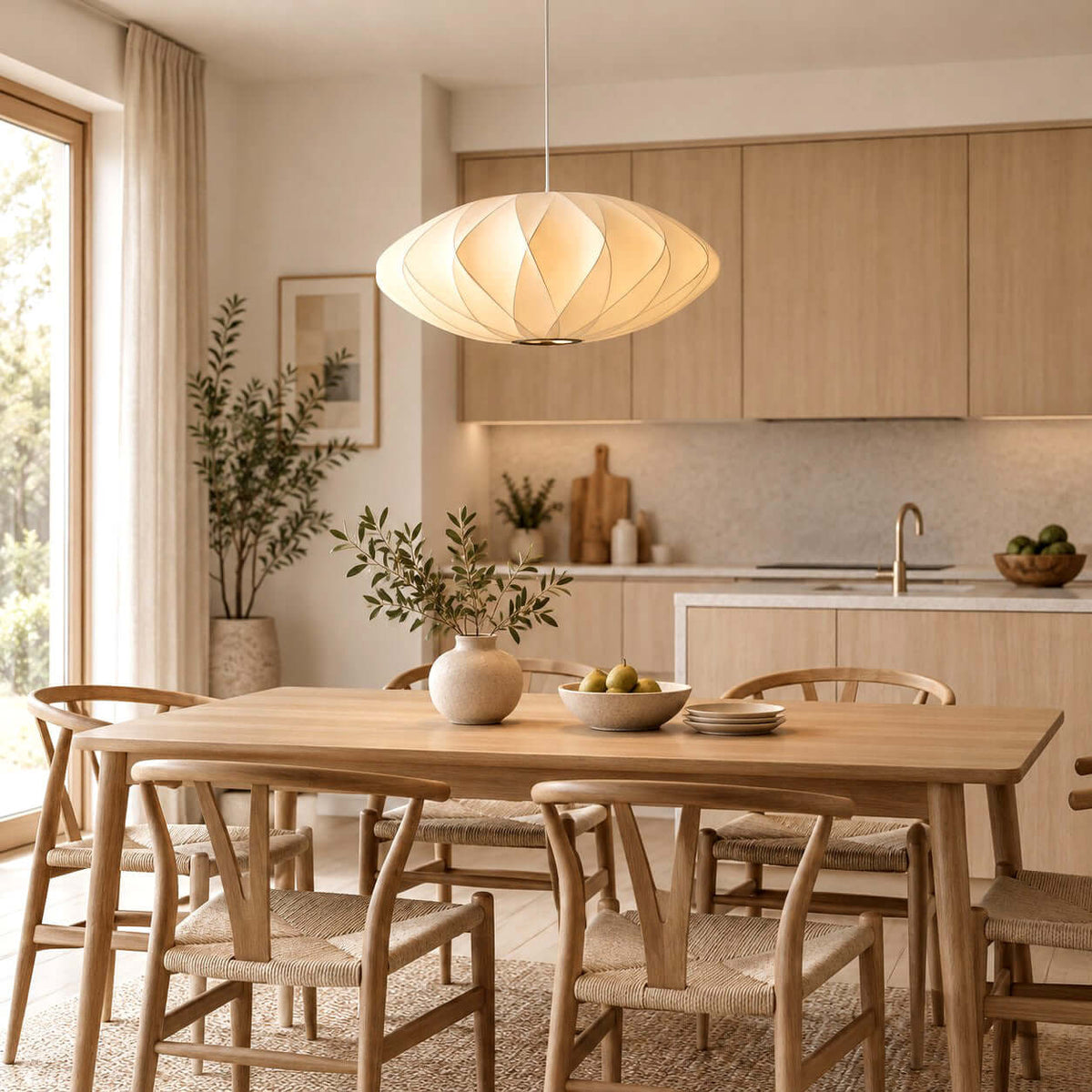 Corvya white silk pendant light above a rectangular wood dining table in an open-plan kitchen and dining room.