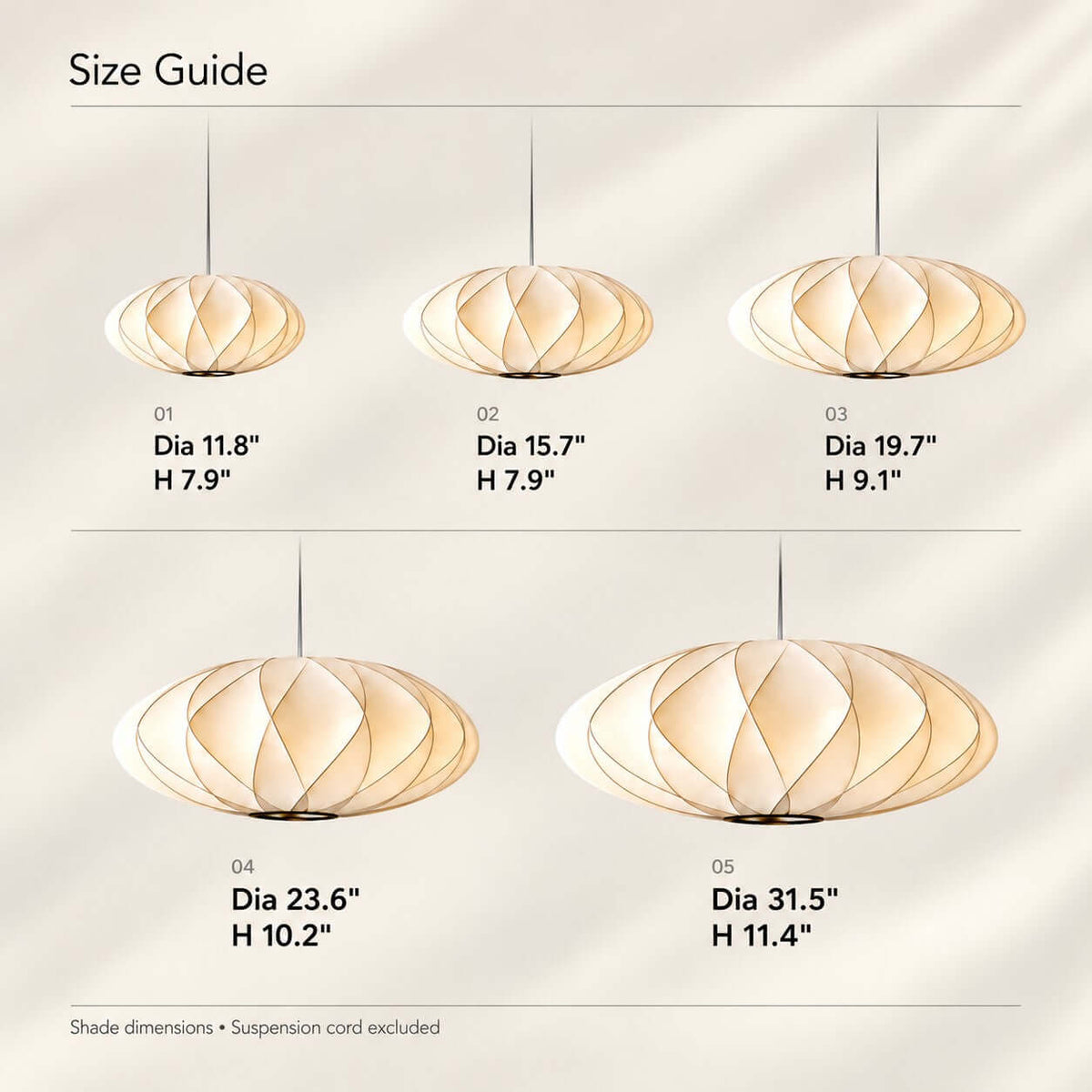 Corvya pendant light size guide showing five shade sizes from 11.8 to 31.5 inches wide, with heights excluding the cord.