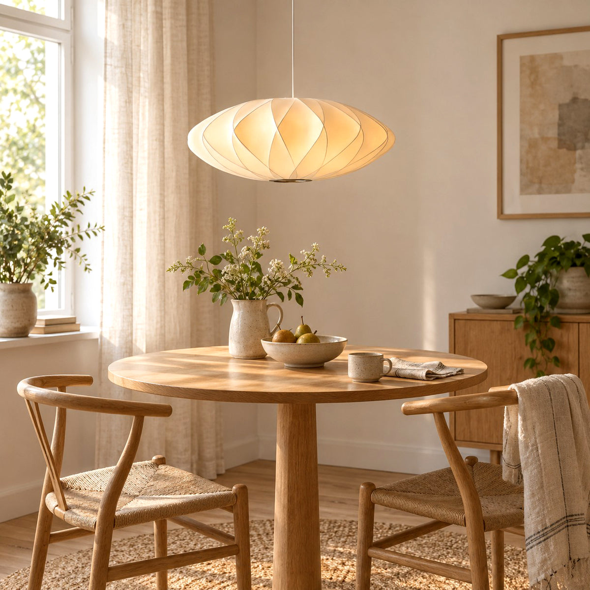 Corvya silk pendant light above a round wood dining table beside a sunlit window with sheer curtains.