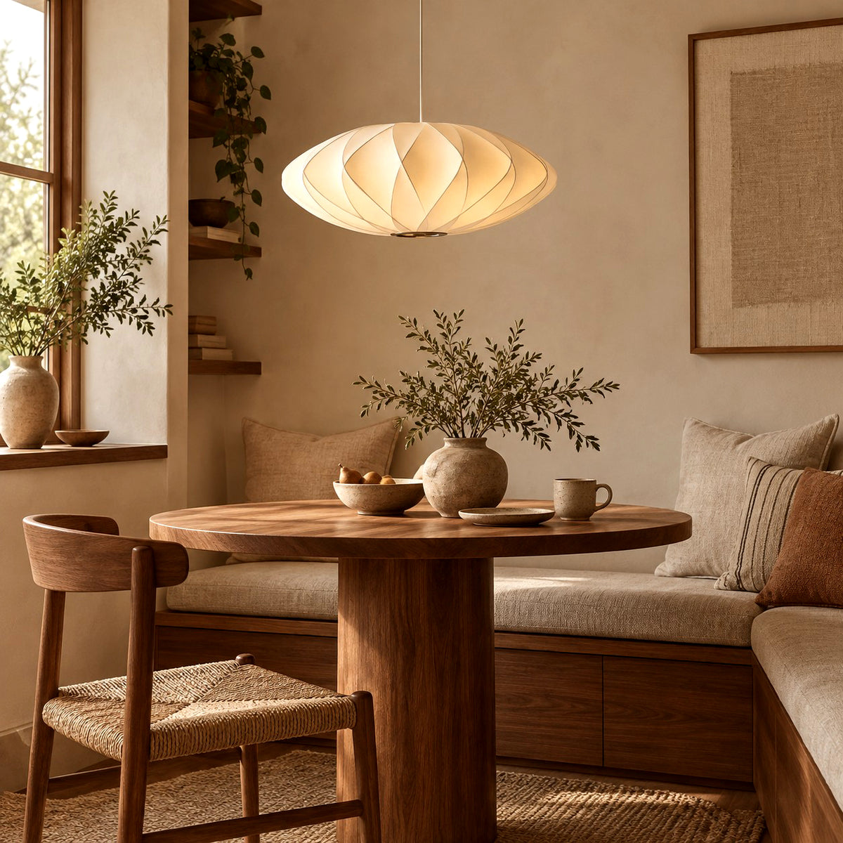 Corvya silk pendant light above a round wood table in a dining nook with cushioned wood bench seating.