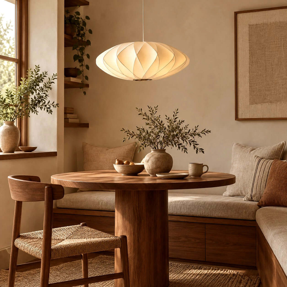 Corvya silk pendant light above a round wood table in a dining nook with cushioned wood bench seating.