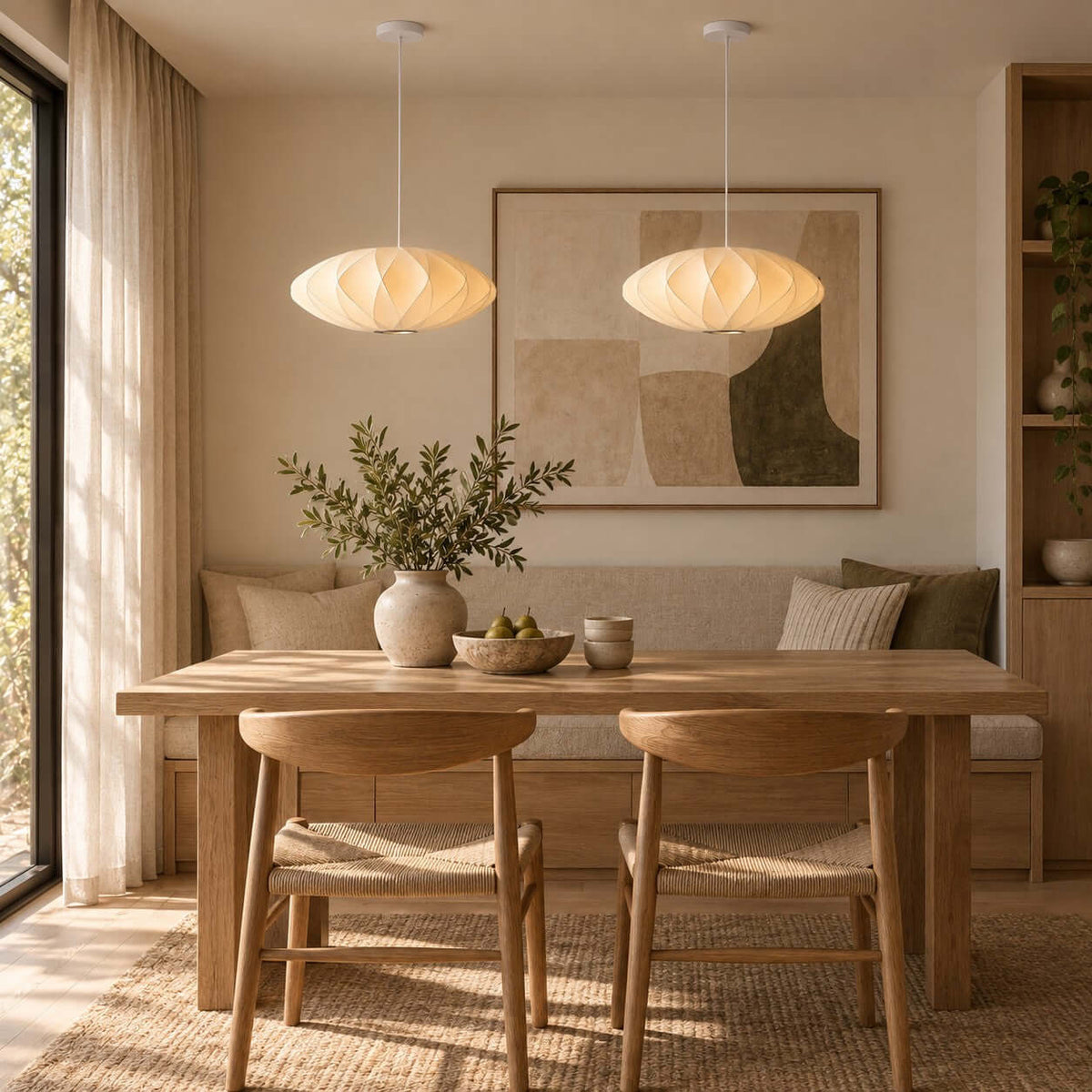Two Corvya white silk pendant lights above a rectangular wood dining table with upholstered bench seating.