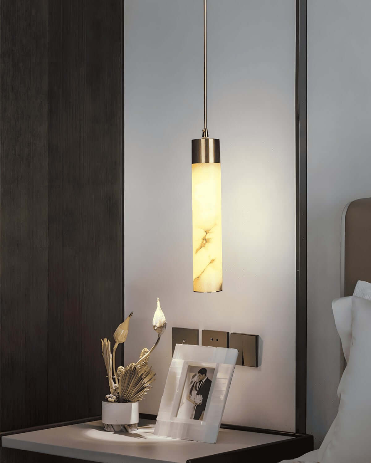 Alabaster Chandelier Over Dining Table - Scandinavian Dining Fixtures