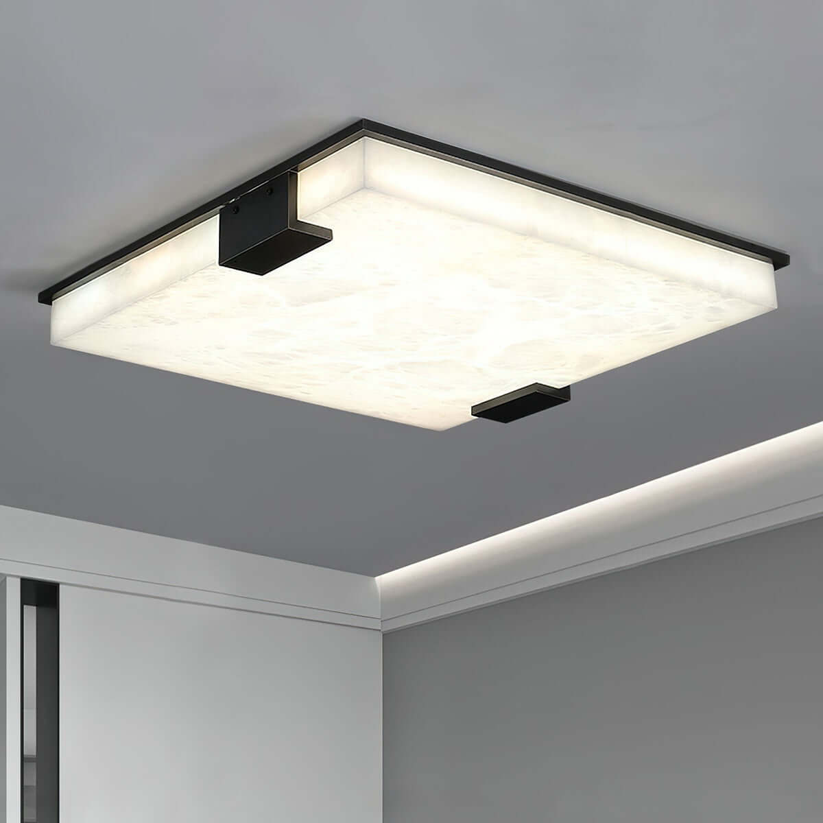 Faylen Alabaster Flush Mount Ceiling Light, Mid Century Square LED Design, 40cm x 6cm, Modern Lighting for Home.