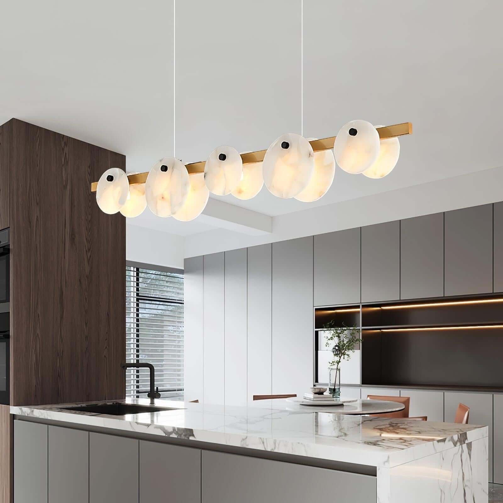 Frumix alabaster chandelier in a modern kitchen, featuring 5 lights in a linear design, perfect for mid century modern decor.