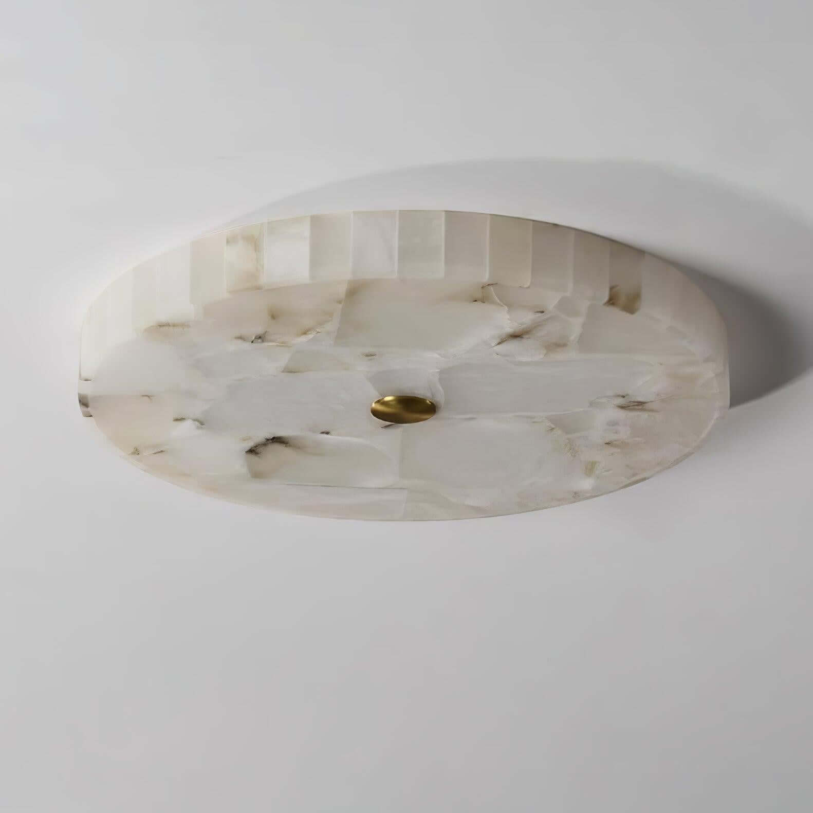 Monedra round LED ceiling light, alabaster flush mount design, modern ceiling lamp for bedroom decor.