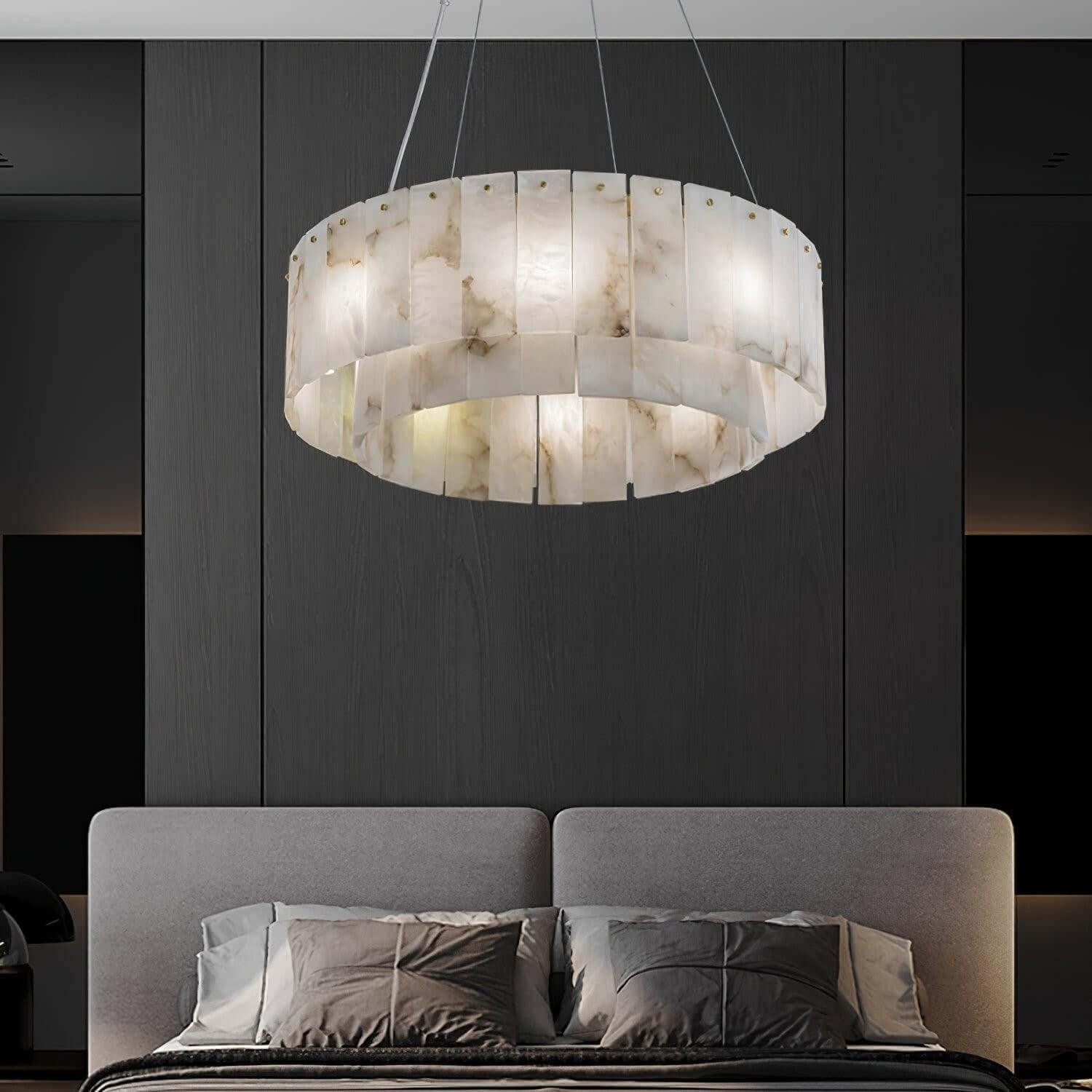 Solvani alabaster chandelier in a modern bedroom, featuring a sleek, white Victorian design.