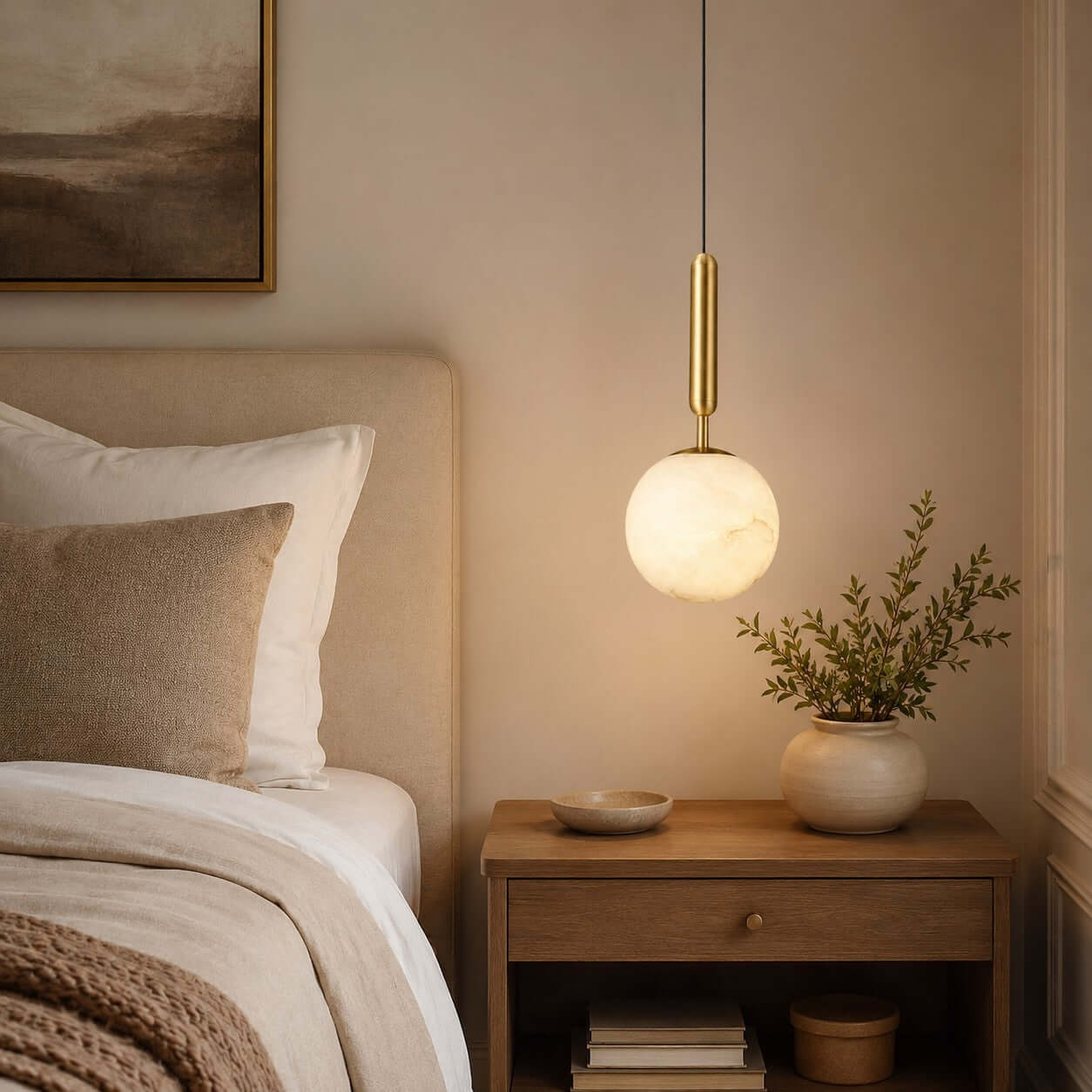 Velriq alabaster bedside pendant light casting a warm glow beside a neutral upholstered bed