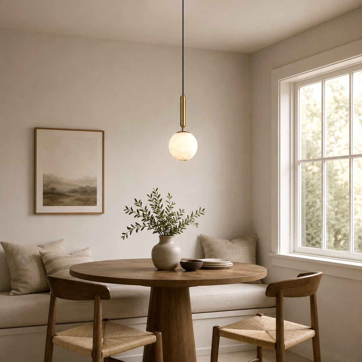 Single Velriq alabaster pendant light above a round breakfast nook table by a bright window