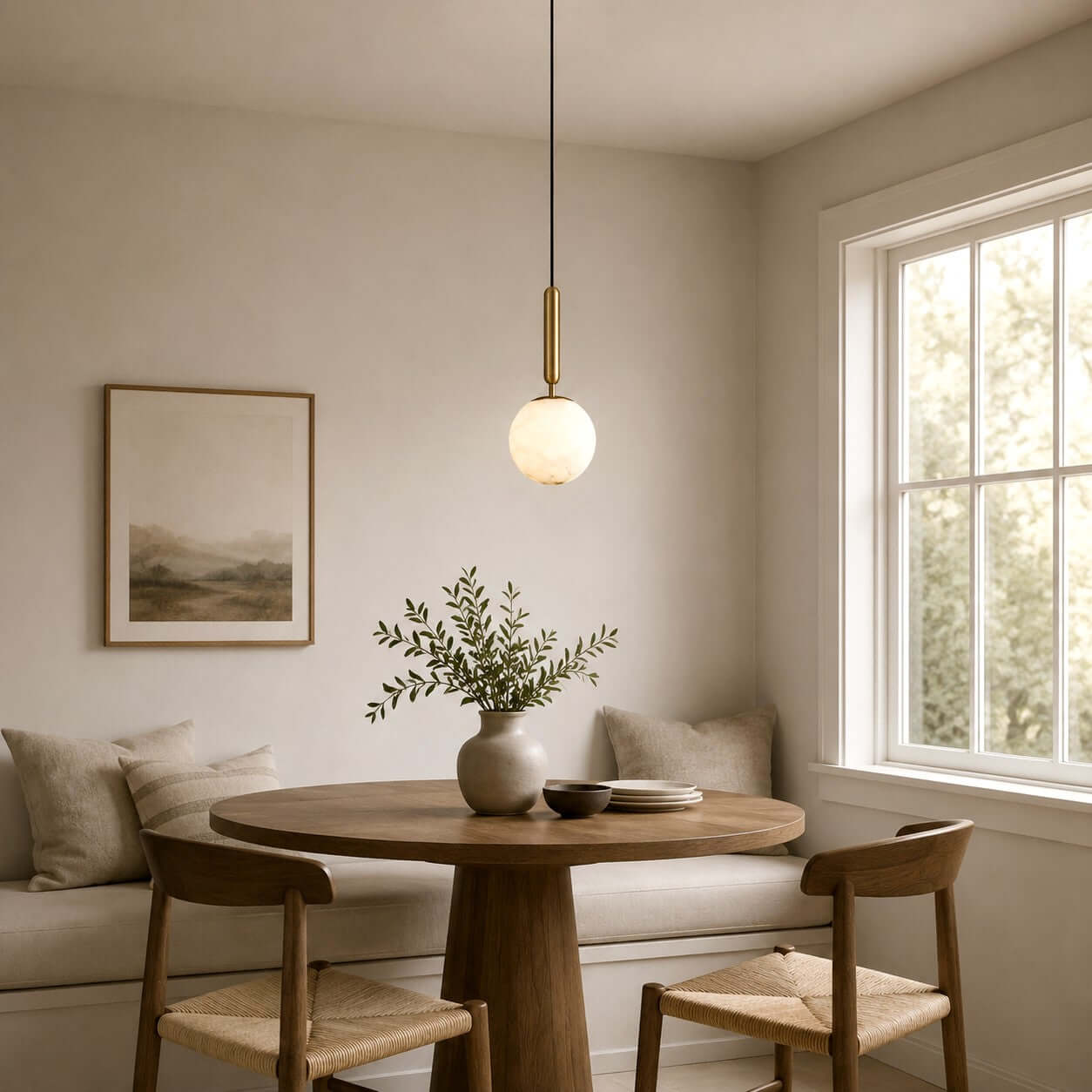 Single Velriq alabaster pendant light above a round breakfast nook table by a bright window