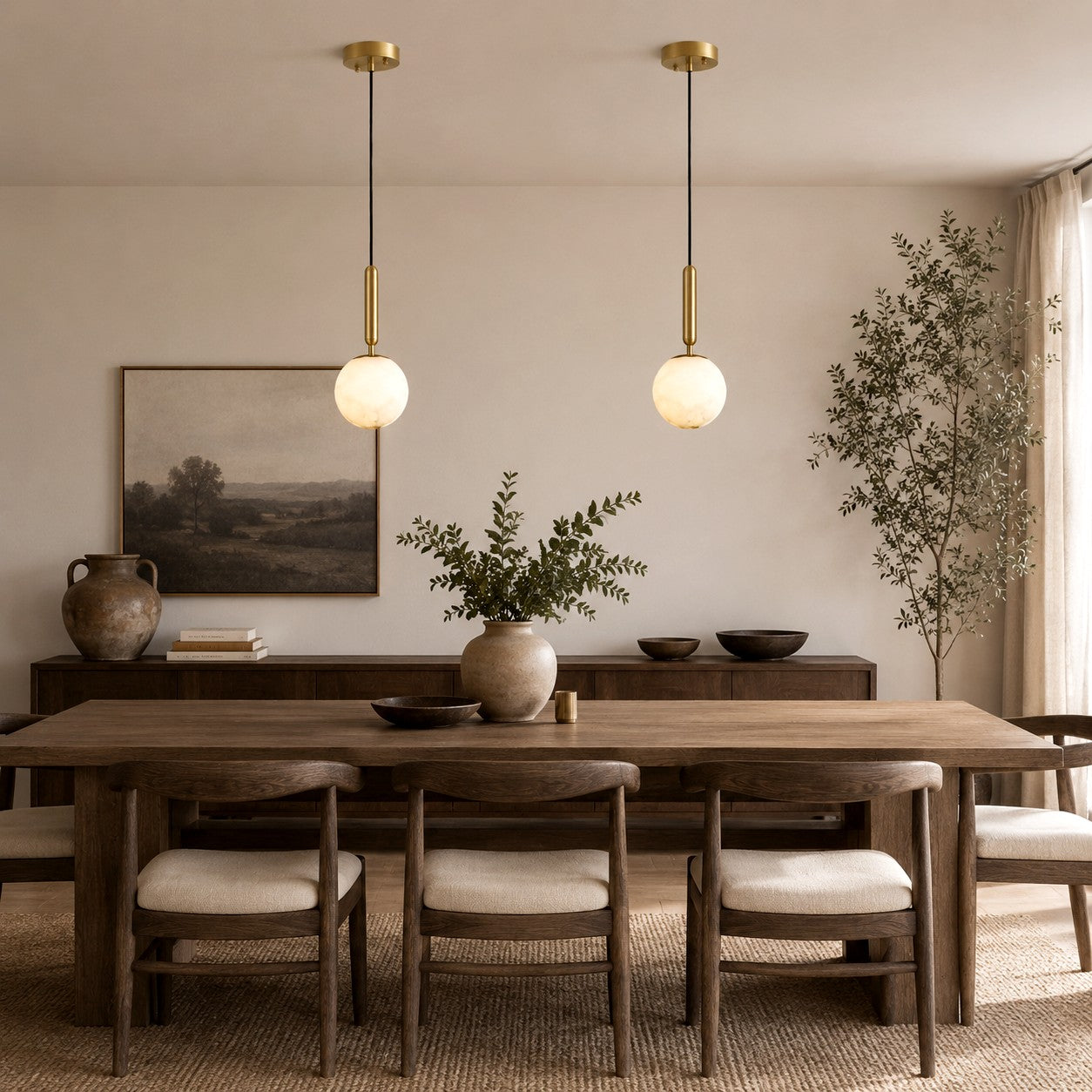 Two Velriq alabaster pendant lights above a wood dining table in a warm modern dining room
