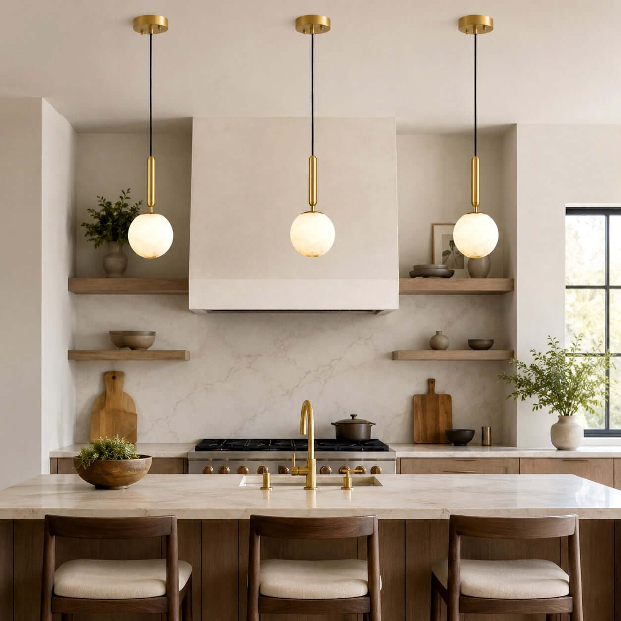 Three Velriq alabaster pendant lights with brass accents above a modern kitchen island