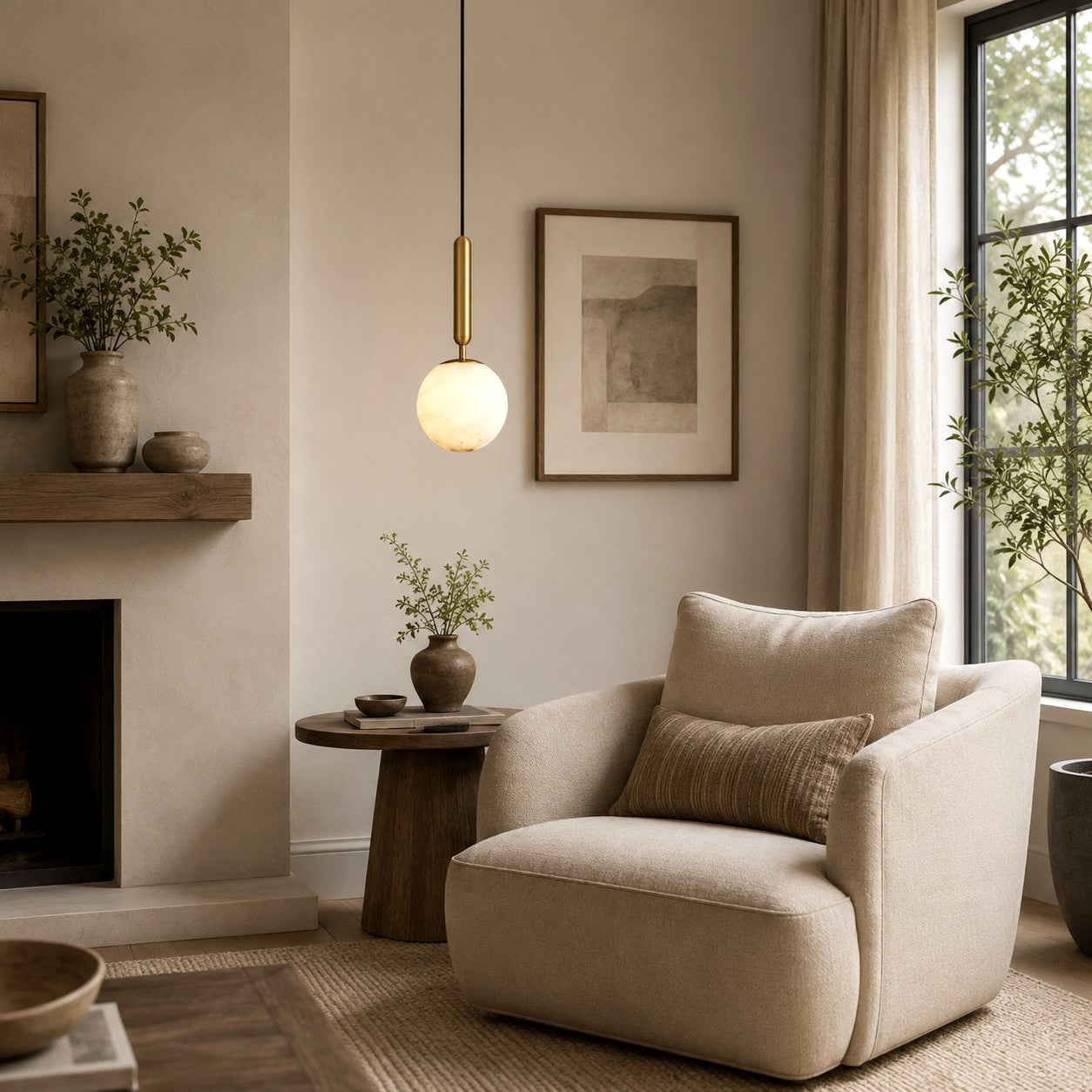 Velriq alabaster globe pendant light illuminating a neutral reading corner with an armchair