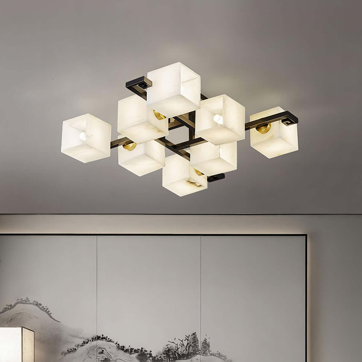Veyron Ceiling Light | Alabaster Semi Flush & Brass Ceiling Light