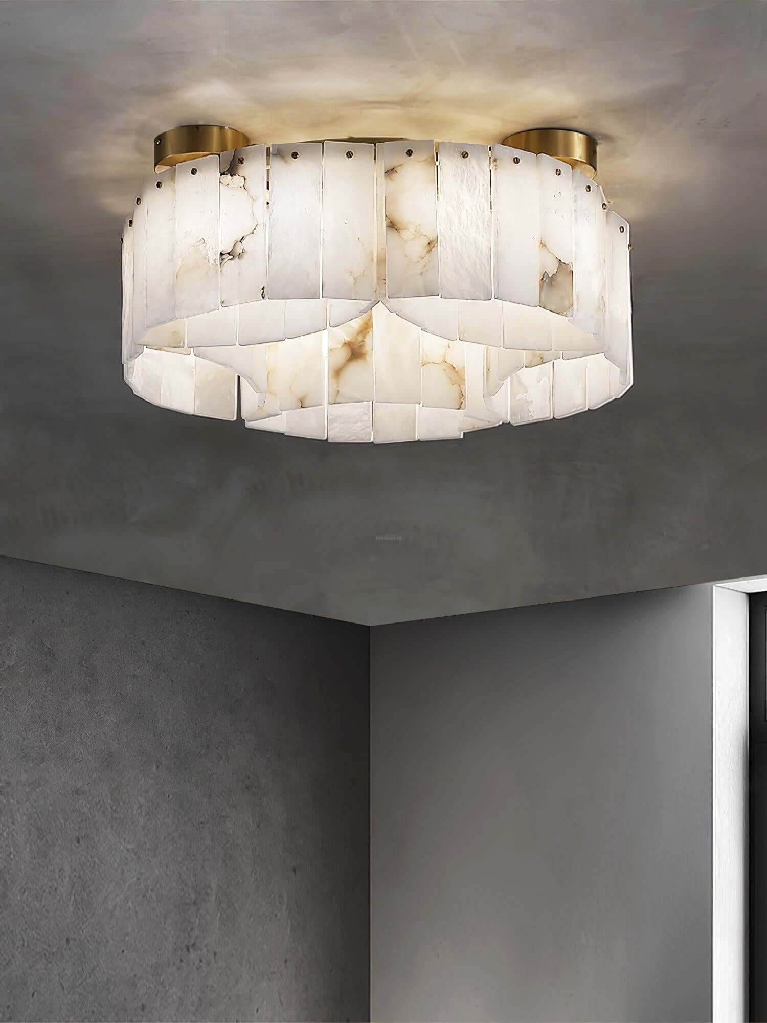 Modern alabaster semi flush mount Vormia Ceiling Light in art deco style, perfect for small bathroom fixtures.