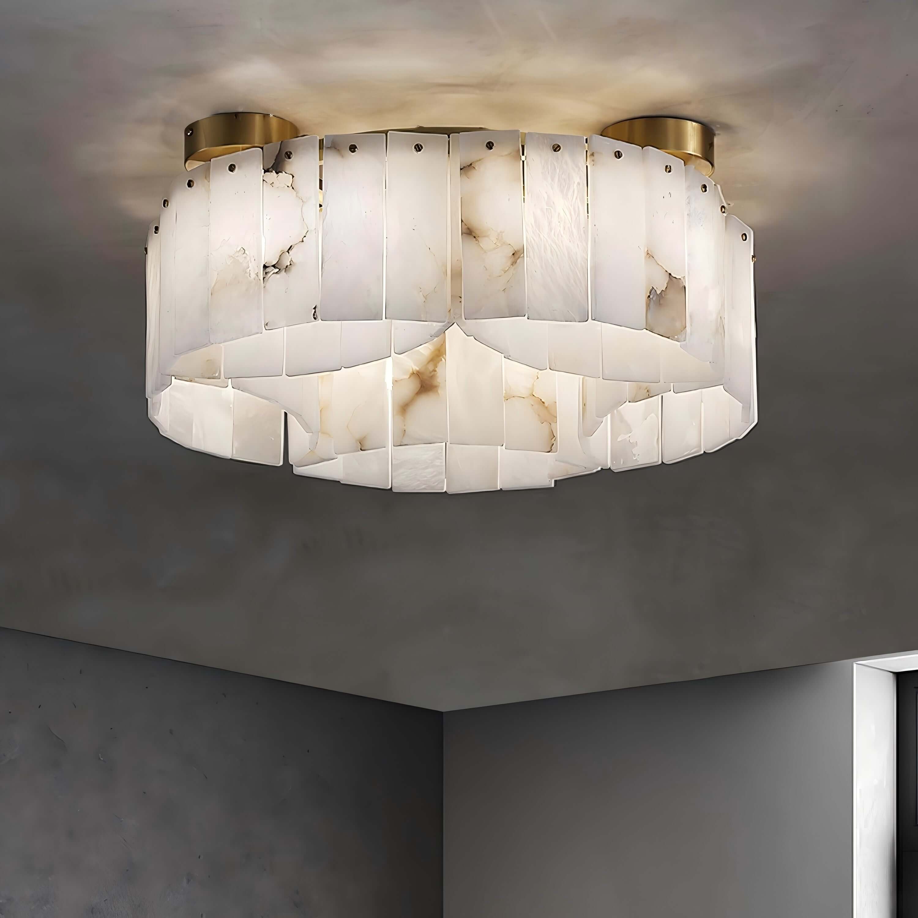 Vormia ceiling light featuring alabaster design, semi flush mount, ideal for small bathroom with art deco style.