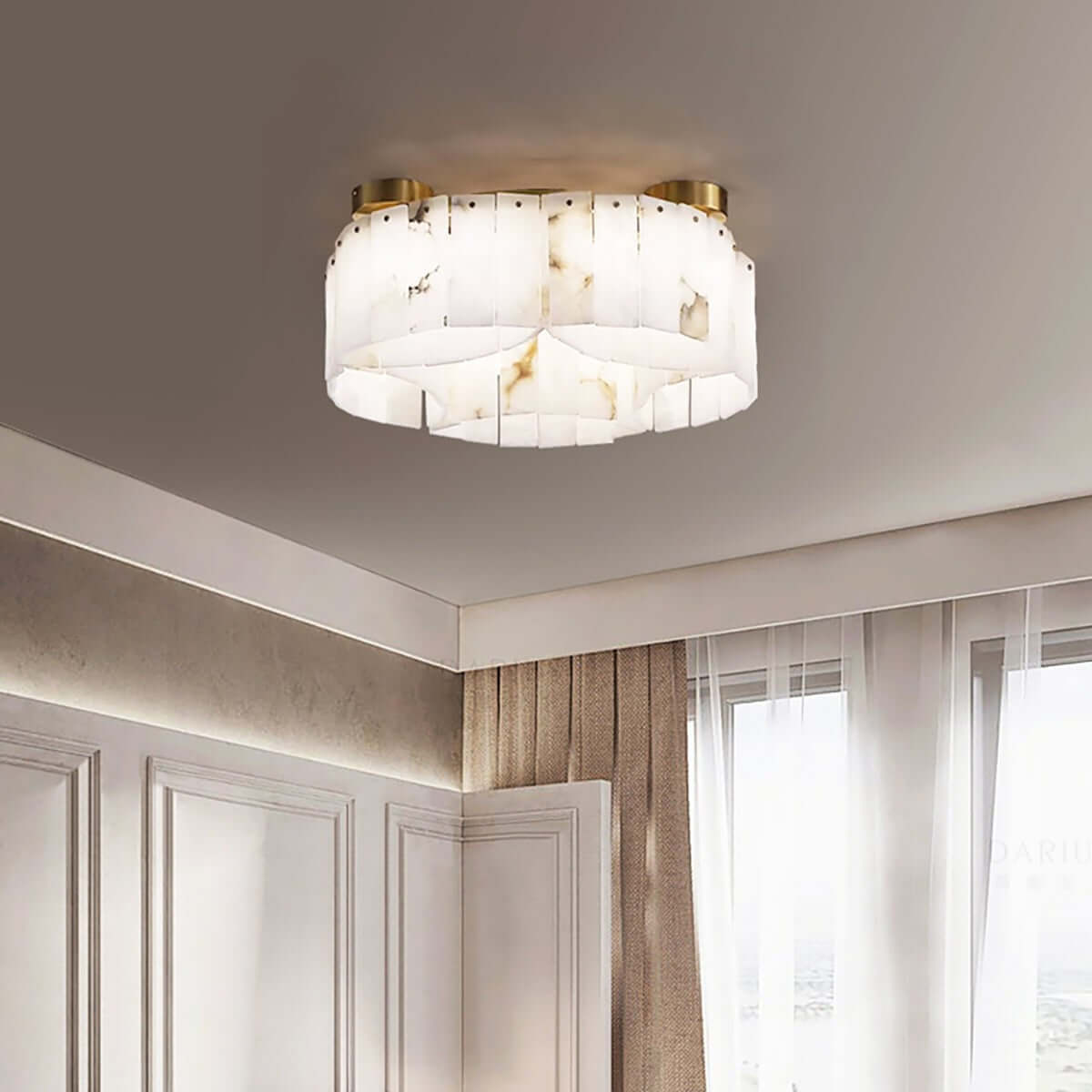 Vormia ceiling light in alabaster, semi flush mount design, perfect for art deco decor or small bathroom lighting.