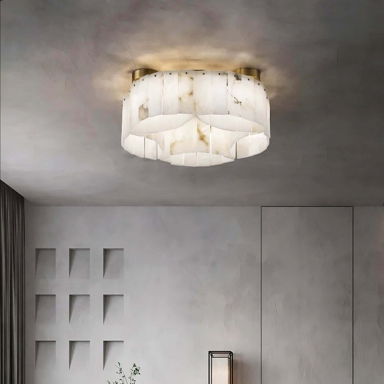 Vormia ceiling light in alabaster, art deco design, ideal for small bathroom ceiling light fixtures, 55cm diameter.
