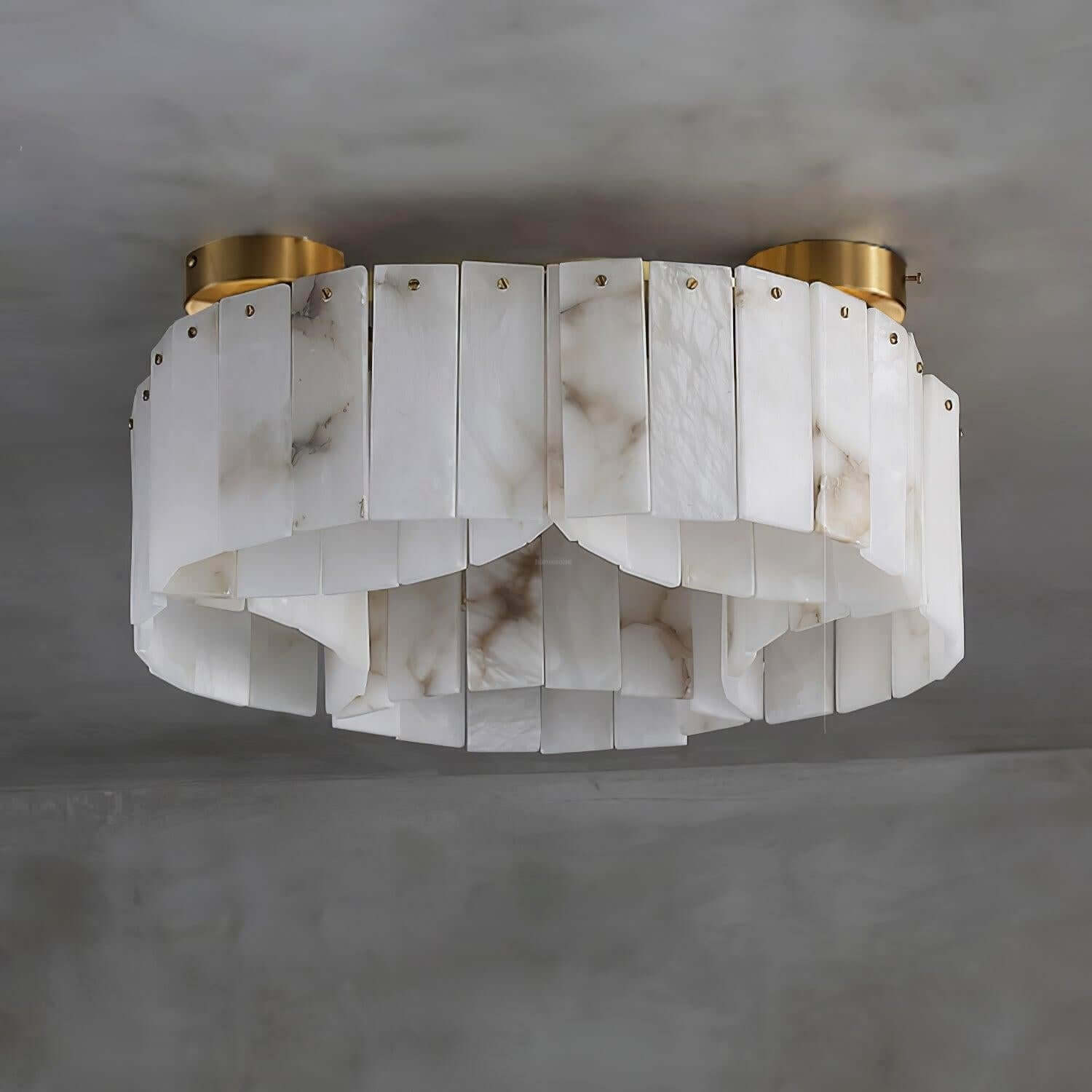 Vormia Ceiling Light in alabaster semi flush mount design, ideal for art deco style small bathroom light fixture.