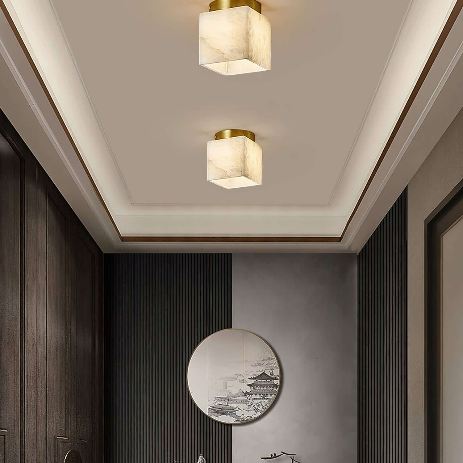 Vylora Ceiling Light | Brass Flush Mount & Alabaster Fixture
