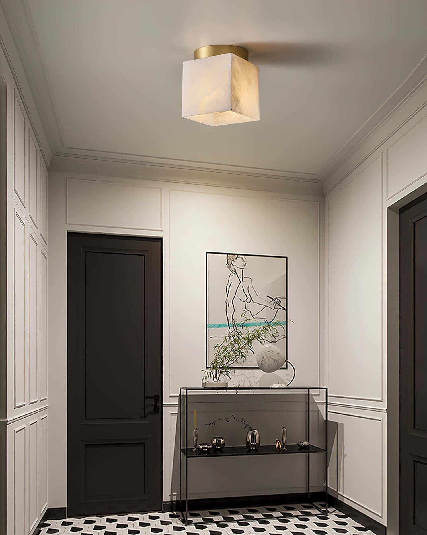 Vylora Ceiling Light | Brass Flush Mount & Alabaster Fixture