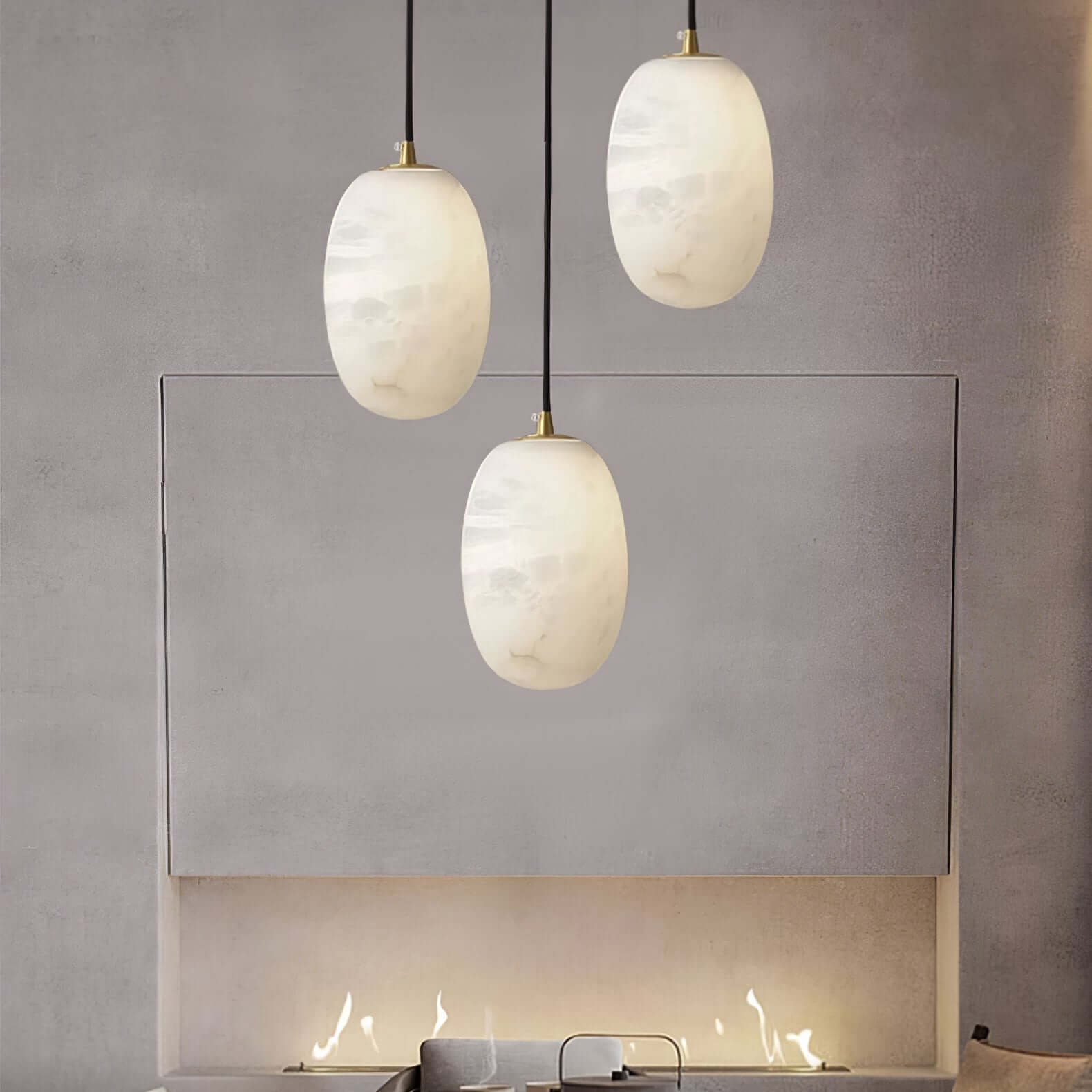Stylish alabaster pendant lights, MCM hanging lamp, perfect kitchen pendant lighting over island in modern setting.
