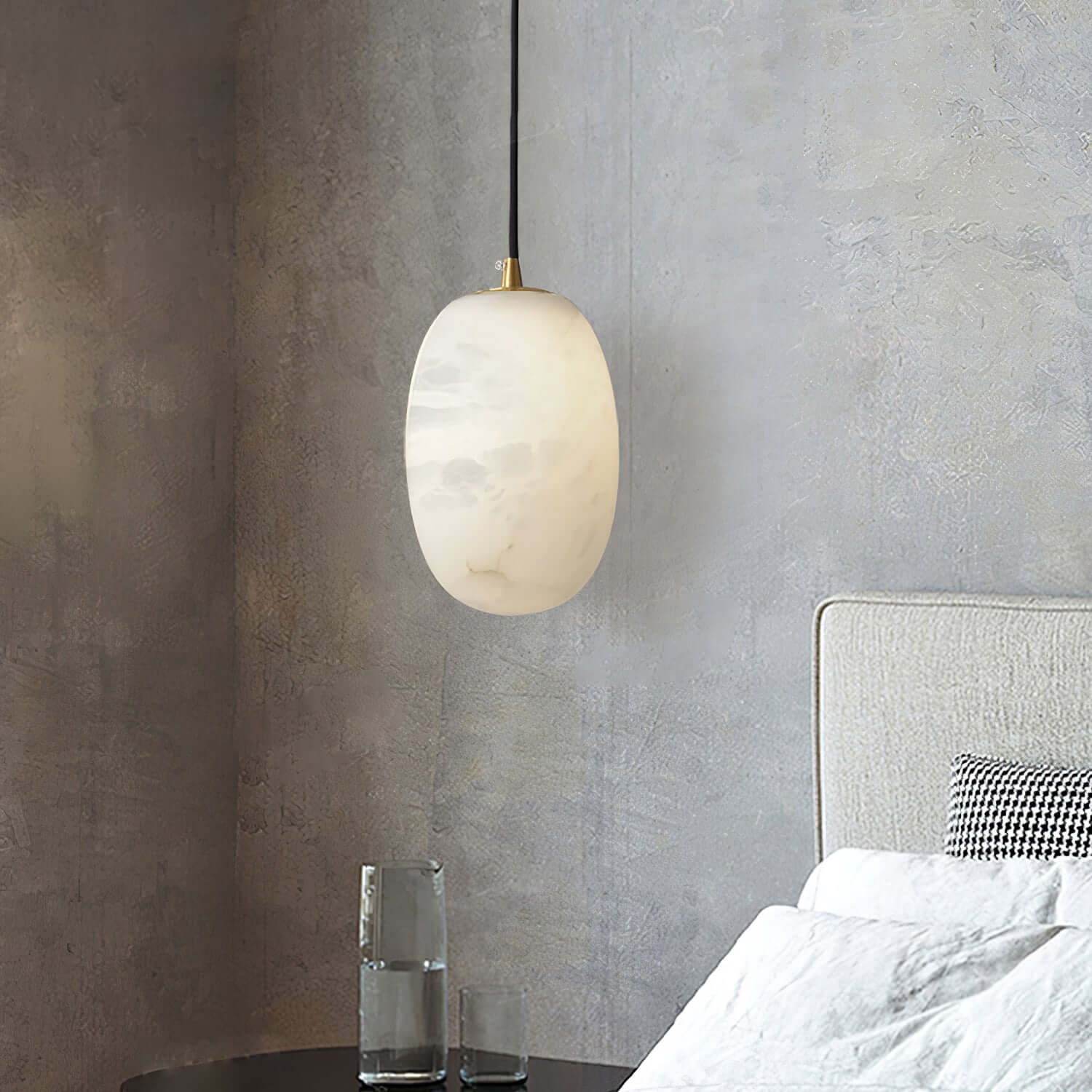 Elegant Zelino Pendant Light, an alabaster hanging lamp, perfect for kitchen island lighting, 10cm dia x 15cm height.