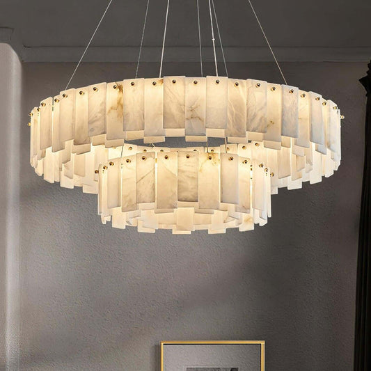 Zemora chandelier featuring alabaster panels and a mid-century modern design, available in various sizes.