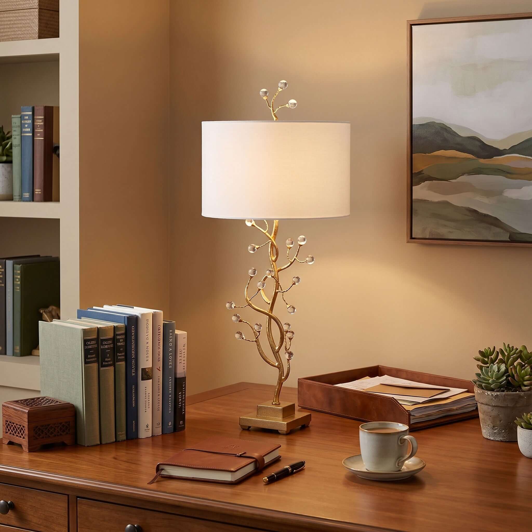 Arlowe Table Lamp - Gold Branch Base with Drum Shade | Rossolighting