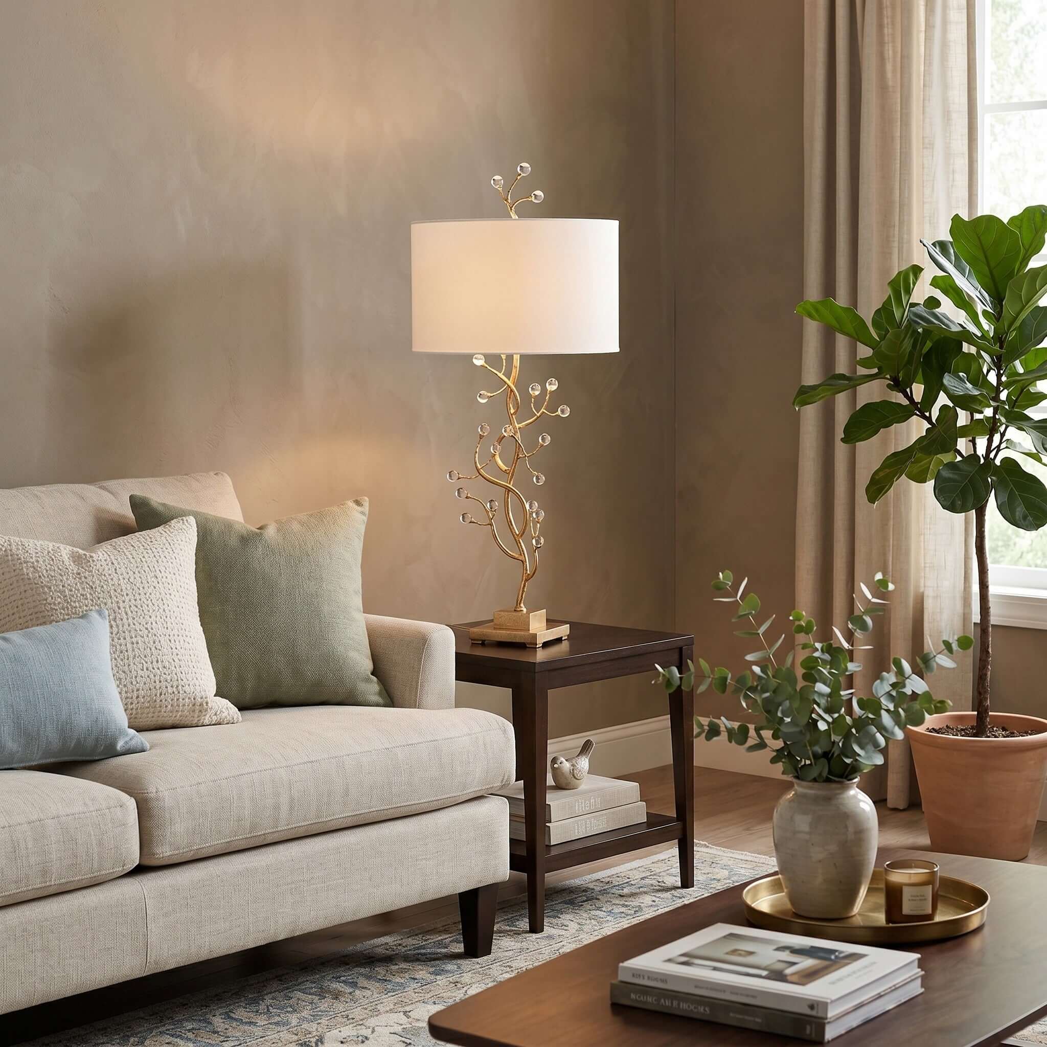 Arlowe Table Lamp - Gold Branch Base with Drum Shade | Rossolighting