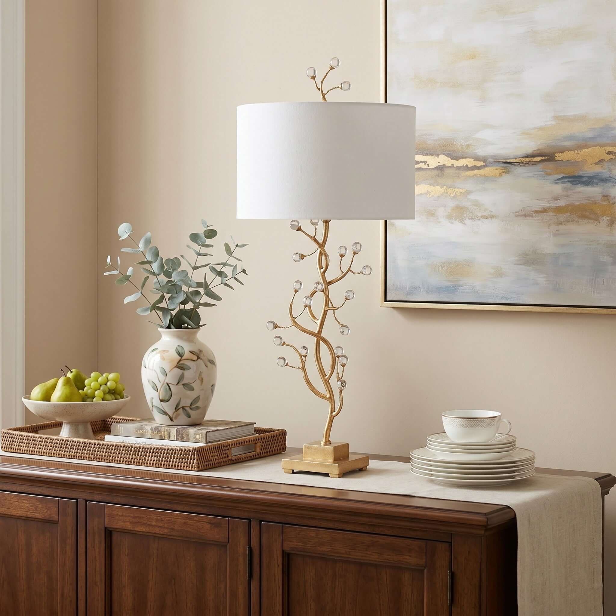 Arlowe Table Lamp - Gold Branch Base with Drum Shade | Rossolighting