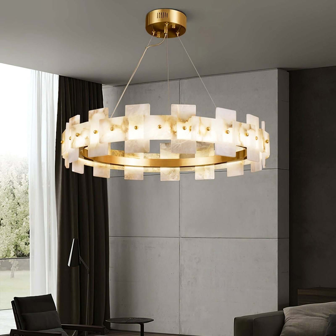 Omvilo alabaster chandelier in modern living room, brass accents, ideal for dining room table, elegant design.