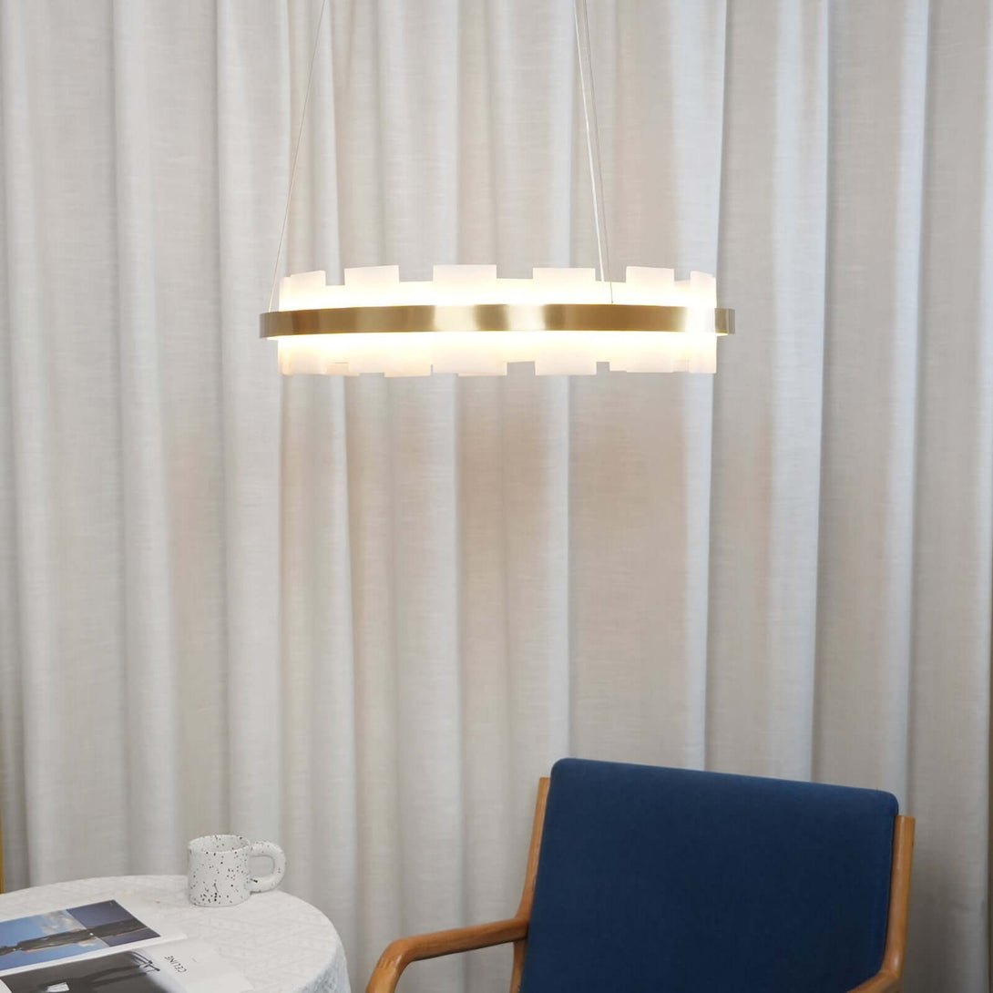 Omvilo alabaster chandelier, vintage brass design, perfect for dining room tables, elegant lighting fixture.