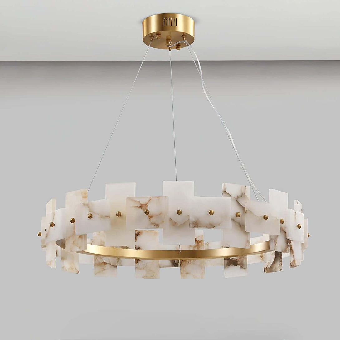 Elegant alabaster chandelier with brass accents, perfect for dining room lighting.