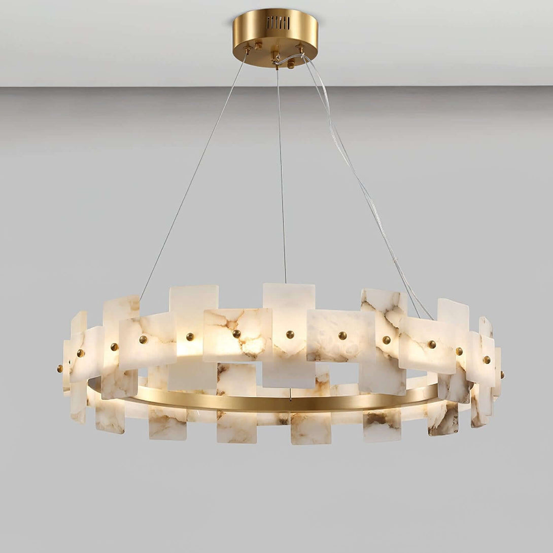 Omvilo alabaster chandelier with brass accents, ideal for vintage dining room lighting, 60cm diameter design.