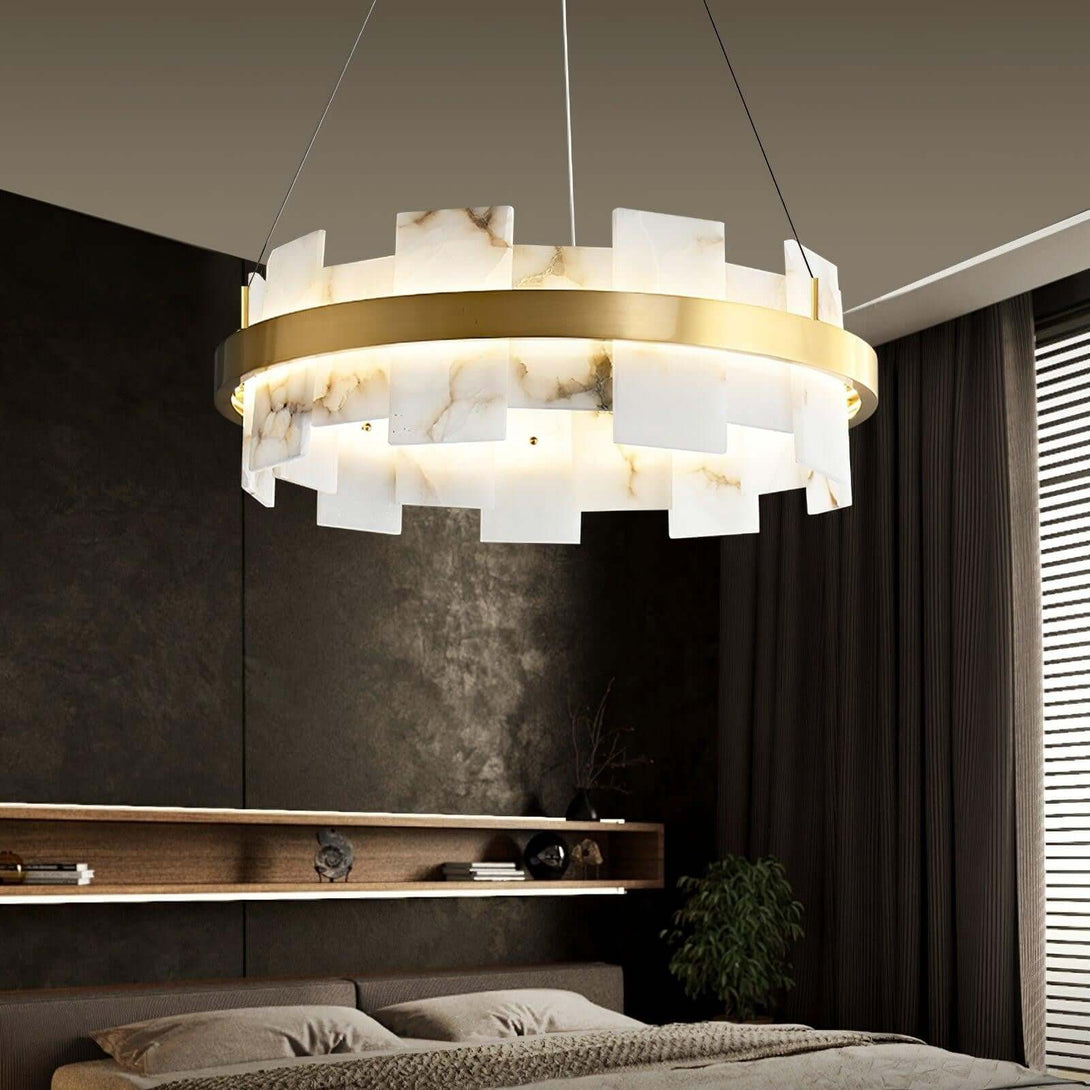 Omvilo alabaster chandelier with brass details, perfect for a vintage dining room setting.