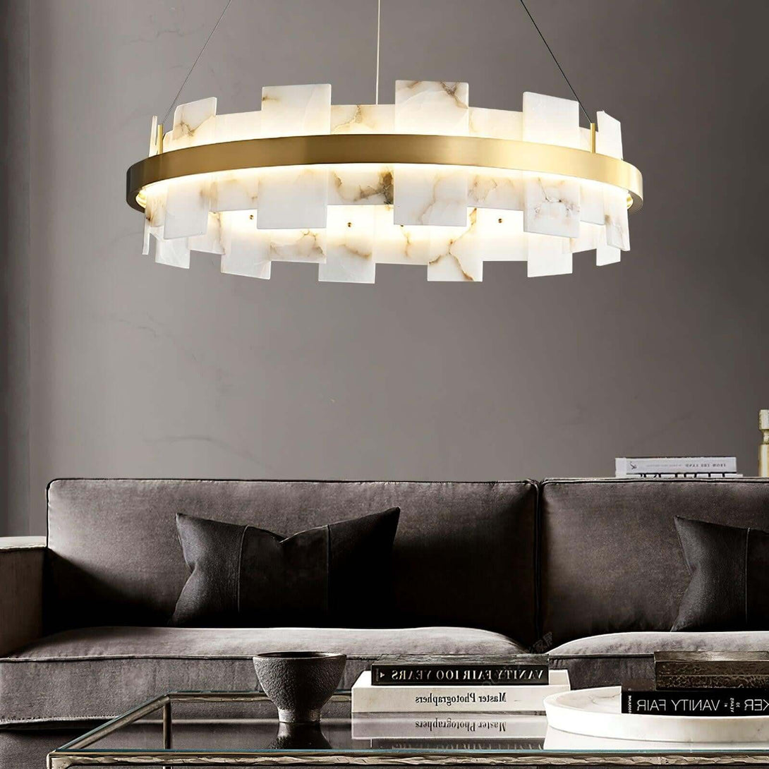 Stylish alabaster chandelier with brass accents, ideal for dining room table lighting and vintage decor.