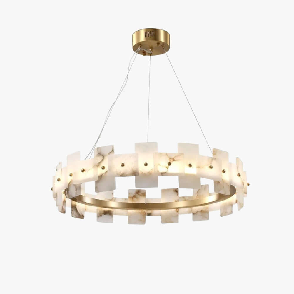 Omvilo alabaster chandelier with brass accents, perfect for dining room table decor.