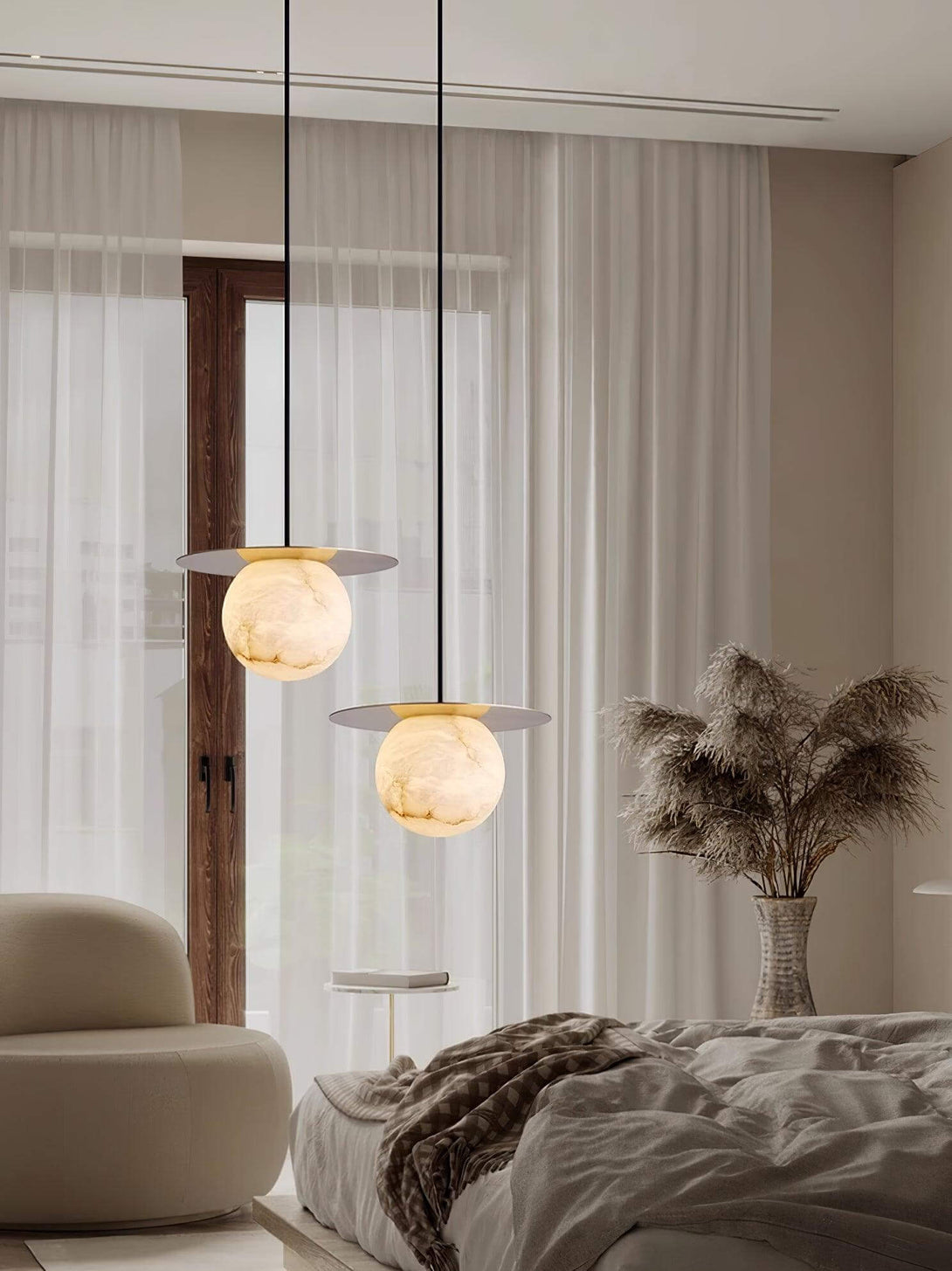Stylish Orbix alabaster pendant lights in a cozy scandi bedroom setting, ideal bathroom light fixtures.