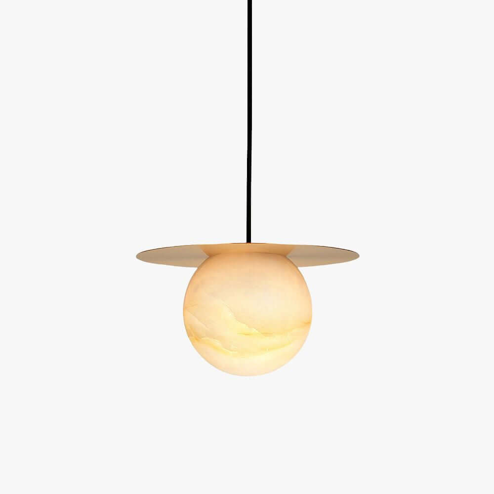 Elegant alabaster pendant light in round shape, perfect for scandi or bathroom lighting, showcasing modern design.