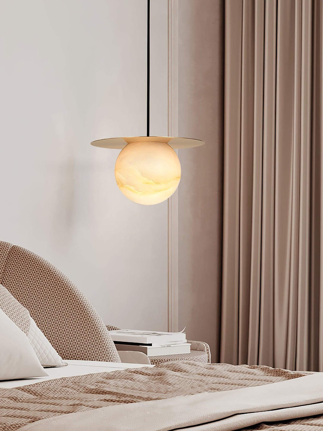 Elegant Orbix pendant light in alabaster, perfect for Scandi décor and stylish bathroom lighting.